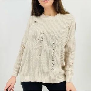 Altar'd State Slouchy Distressed Crewneck Sweater in Beige